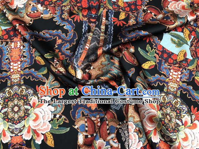 Chinese Classical Peony Pattern Design Black Gambiered Guangdong Gauze Fabric Asian Traditional Cheongsam Silk Material