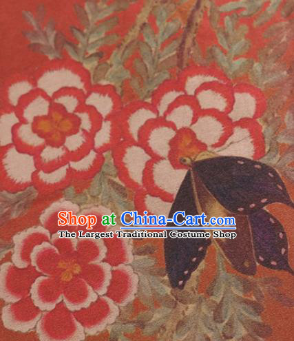 Chinese Classical Peony Butterfly Pattern Design Orange Mulberry Silk Fabric Asian Traditional Cheongsam Silk Material