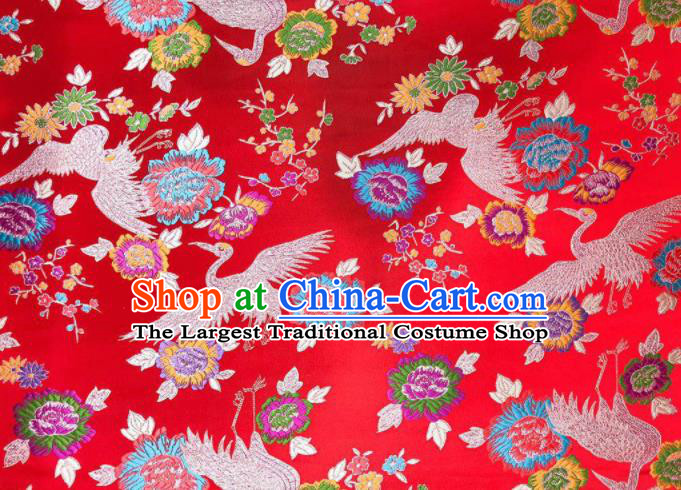 Japanese Kimono Classical Crane Plum Pattern Design Red Brocade Fabric Asian Traditional Satin Silk Material