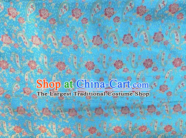 Chinese Classical Loquat Flower Pattern Design Blue Brocade Fabric Asian Traditional Satin Silk Material