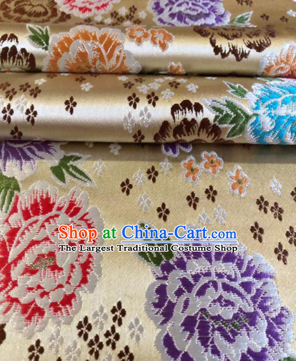 Chinese Classical Embroidered Peony Pattern Design Light Golden Brocade Fabric Asian Traditional Satin Silk Material