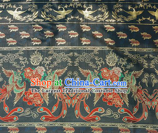 Chinese Royal Phoenix Peony Pattern Design Navy Brocade Fabric Asian Traditional Horse Face Skirt Satin Silk Material