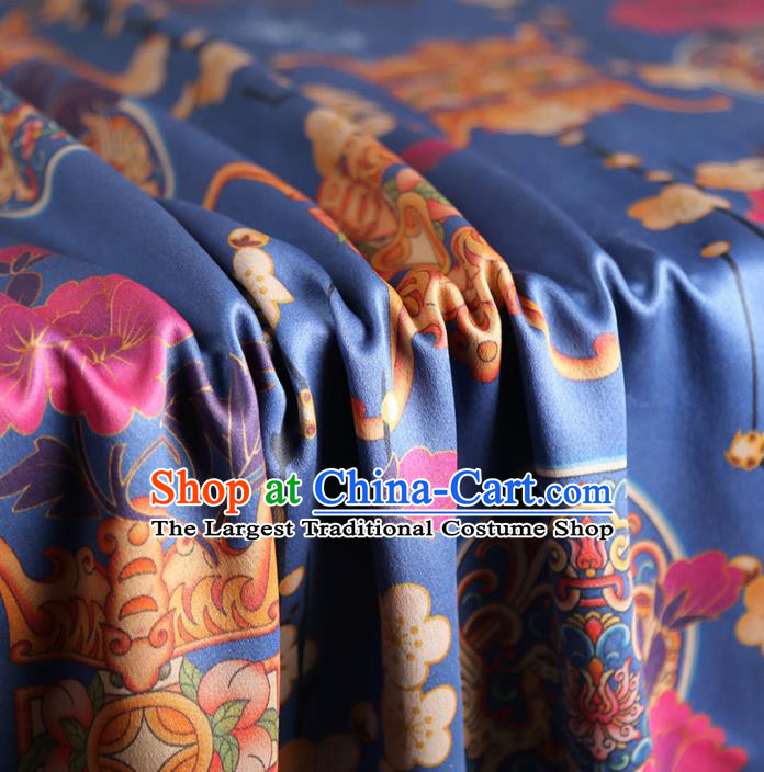 Chinese Classical Plum Quadripod Pattern Design Blue Satin Fabric Asian Traditional Cheongsam Silk Material