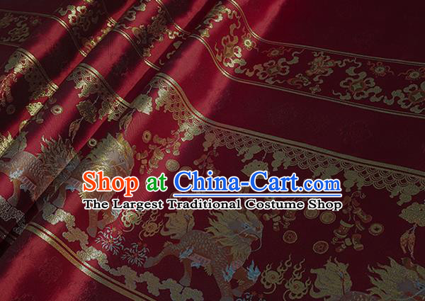 Chinese Royal Kylin Pattern Design Red Brocade Fabric Asian Traditional Horse Face Skirt Satin Silk Material