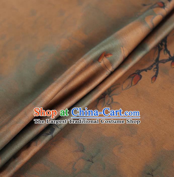 Chinese Classical Yulan Magnolia Pattern Design Brown Gambiered Guangdong Gauze Fabric Asian Traditional Cheongsam Silk Material