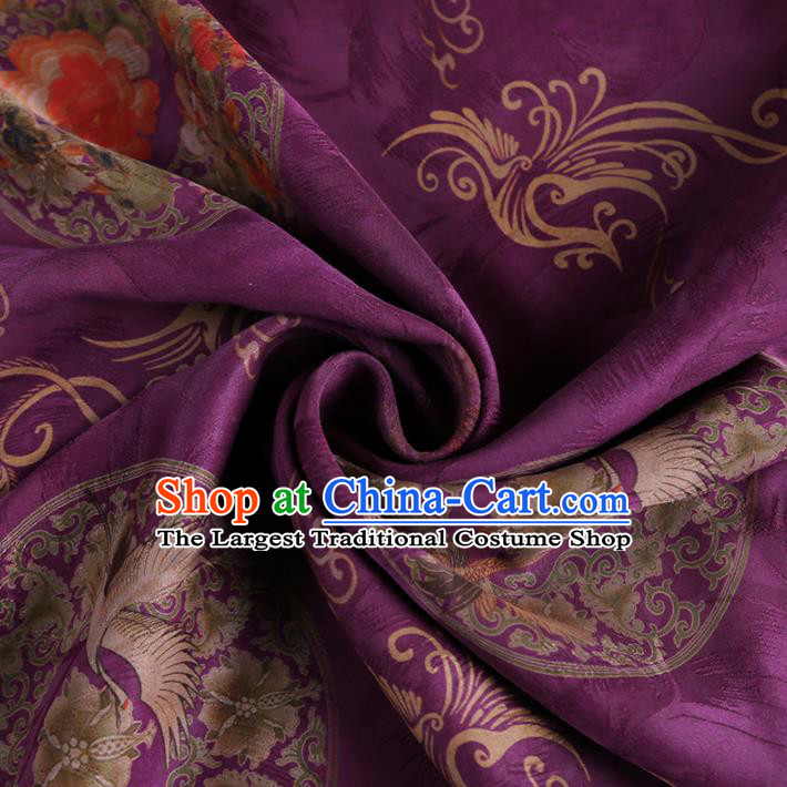 Chinese Classical Crane Peony Pattern Design Purple Gambiered Guangdong Gauze Fabric Asian Traditional Cheongsam Silk Material