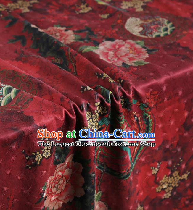 Chinese Classical Peony Plum Pattern Design Purplish Red Gambiered Guangdong Gauze Fabric Asian Traditional Cheongsam Silk Material