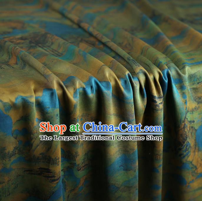 Chinese Classical Landscape Pattern Design Green Gambiered Guangdong Gauze Fabric Asian Traditional Cheongsam Silk Material