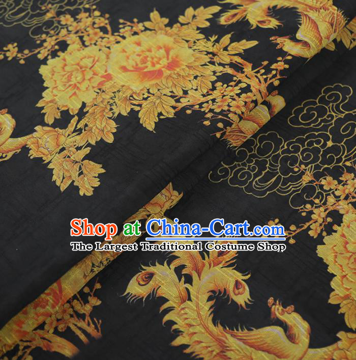 Chinese Classical Phoenix Peony Pattern Design Black Gambiered Guangdong Gauze Fabric Asian Traditional Cheongsam Silk Material