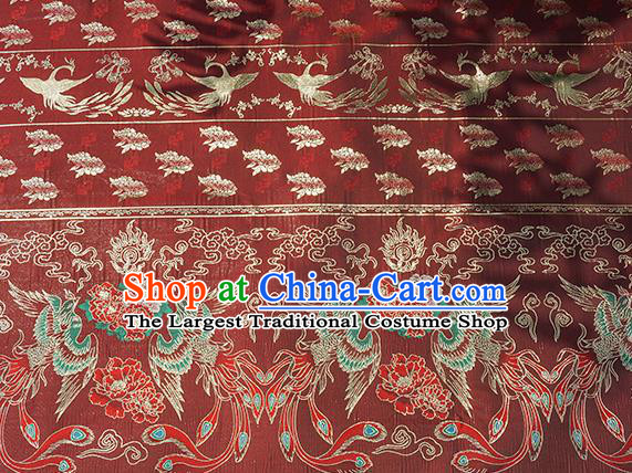 Chinese Royal Phoenix Peony Pattern Design Dark Red Brocade Fabric Asian Traditional Horse Face Skirt Satin Silk Material