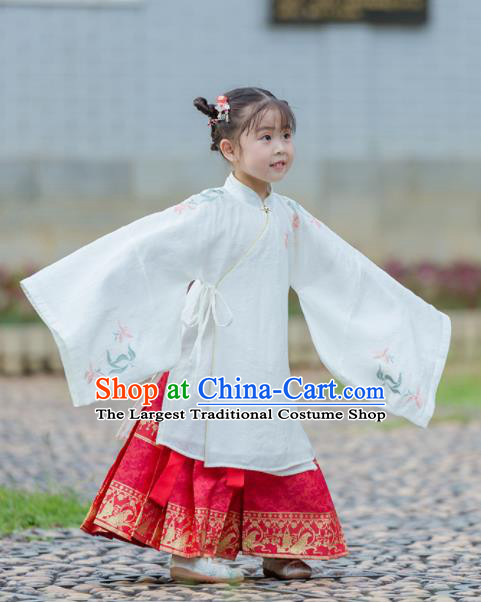 Chinese Traditional Girls Embroidered White Gown and Red Skirt Ancient Ming Dynasty Princess Costume for Kids