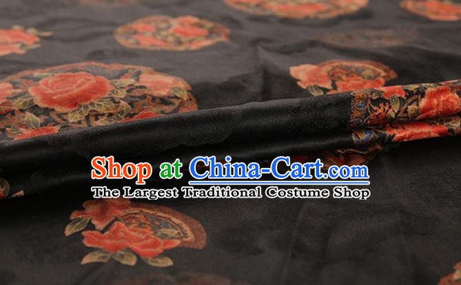 Chinese Classical Peony Pattern Design Black Gambiered Guangdong Gauze Fabric Asian Traditional Cheongsam Silk Material