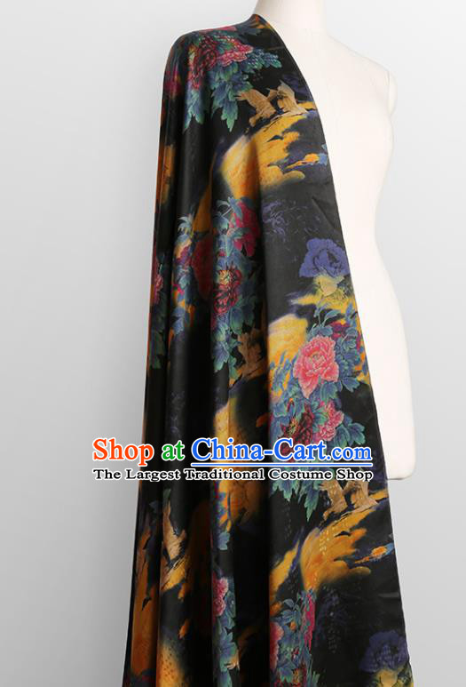 Chinese Classical Printing Peony Pattern Design Black Gambiered Guangdong Gauze Fabric Asian Traditional Cheongsam Silk Material