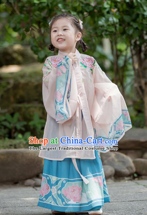 Chinese Traditional Girls Embroidered Peony Pink Cloak and Blue Skirt Ancient Ming Dynasty Princess Costume for Kids