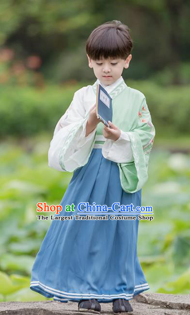 Chinese Traditional Han Dynasty Swordsman Green Costume Ancient Scholar Hanfu Clothing for Kids