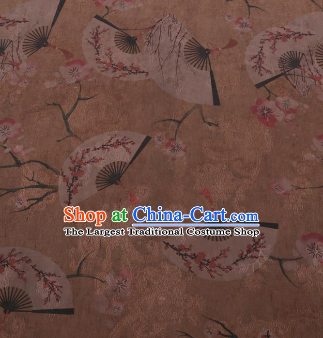 Chinese Classical Plum Fan Pattern Design Khaki Gambiered Guangdong Gauze Fabric Asian Traditional Cheongsam Silk Material