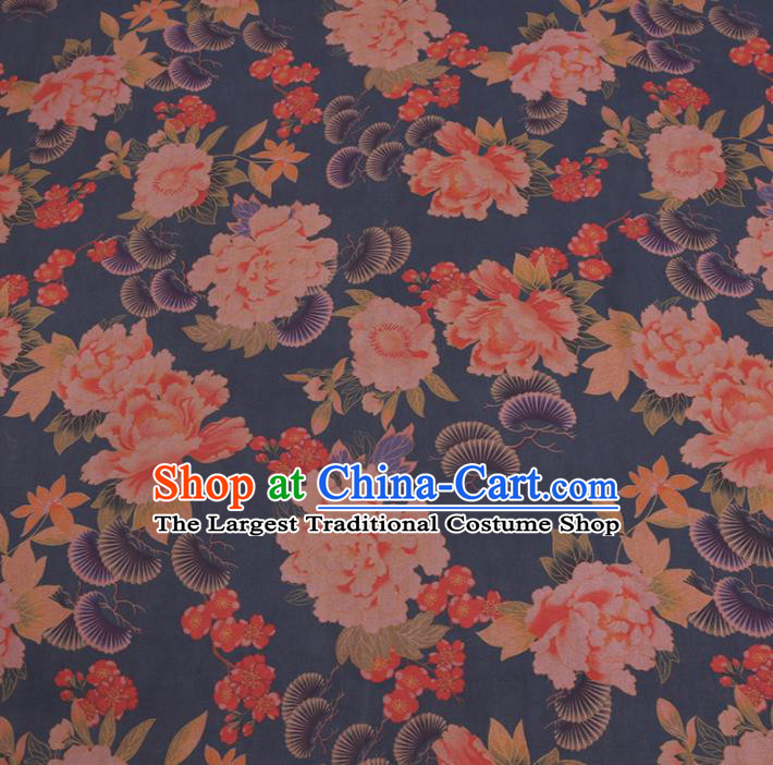 Chinese Classical Pine Peony Pattern Design Blue Gambiered Guangdong Gauze Fabric Asian Traditional Cheongsam Silk Material