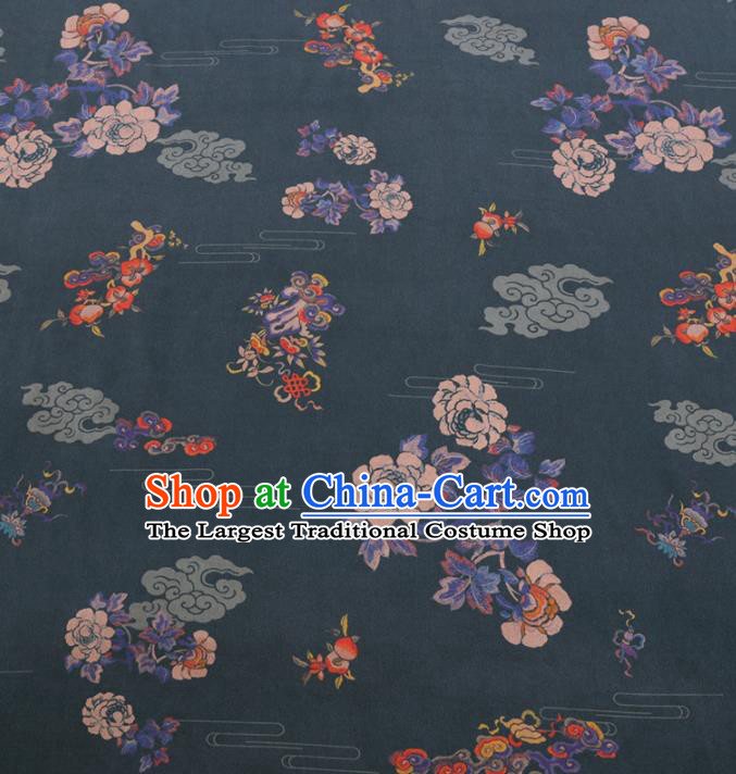 Chinese Classical Peony Peach Pattern Design Atrovirens Gambiered Guangdong Gauze Fabric Asian Traditional Cheongsam Silk Material