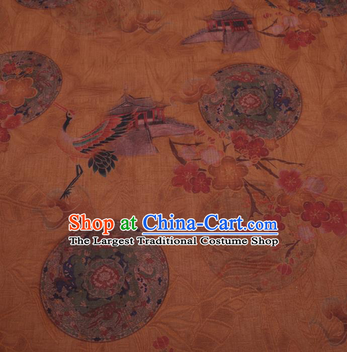 Chinese Classical Crane Plum Pattern Design Ginger Gambiered Guangdong Gauze Fabric Asian Traditional Cheongsam Silk Material