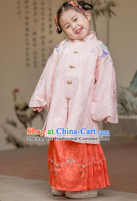 Chinese Traditional Girls Embroidered Pink Blouse and Red Skirt Ancient Ming Dynasty Princess Costume for Kids