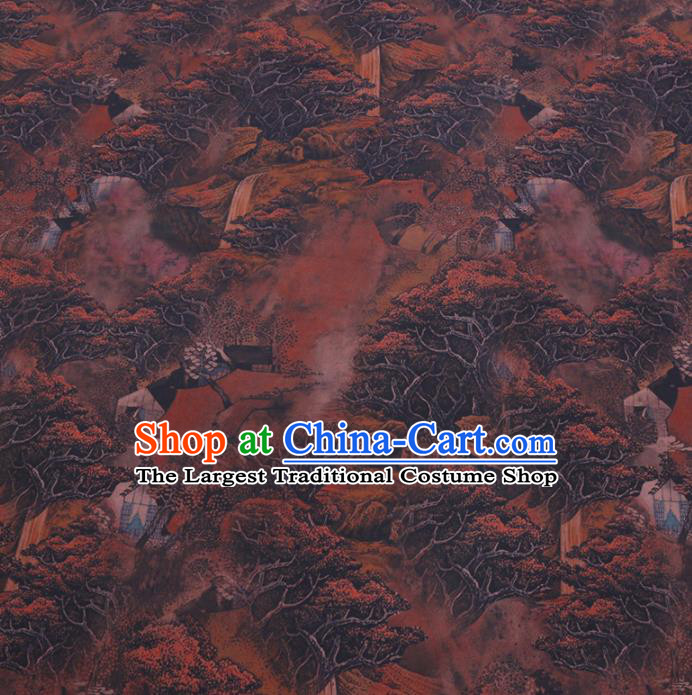 Chinese Classical Printing Forest Pattern Design Brown Gambiered Guangdong Gauze Fabric Asian Traditional Cheongsam Silk Material