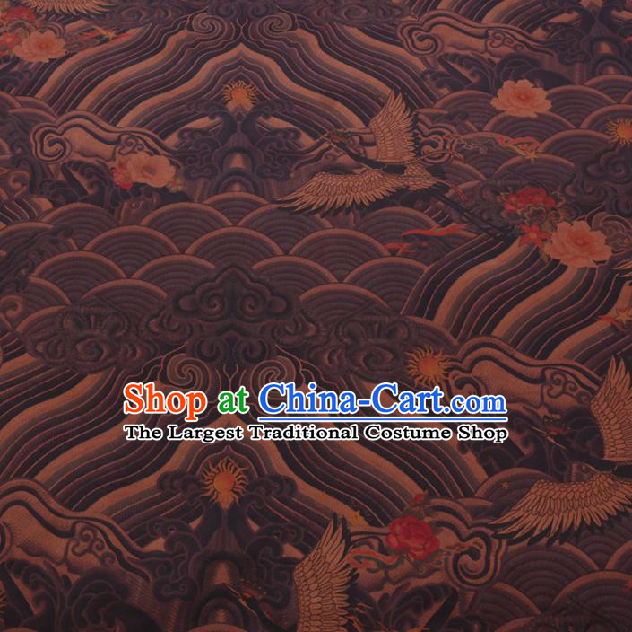 Chinese Classical Printing Wave Crane Pattern Design Brown Gambiered Guangdong Gauze Fabric Asian Traditional Cheongsam Silk Material