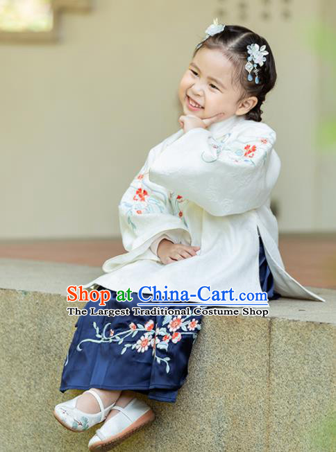 Chinese Traditional Girls Embroidered White Blouse and Navy Skirt Ancient Ming Dynasty Princess Costume for Kids