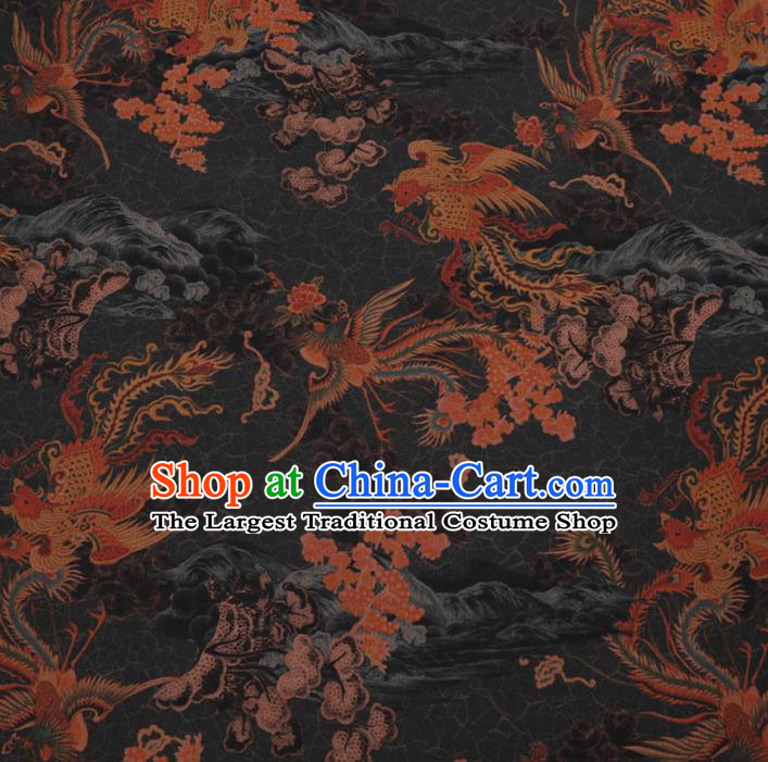 Chinese Classical Printing Phoenix Plum Pattern Design Black Gambiered Guangdong Gauze Fabric Asian Traditional Cheongsam Silk Material