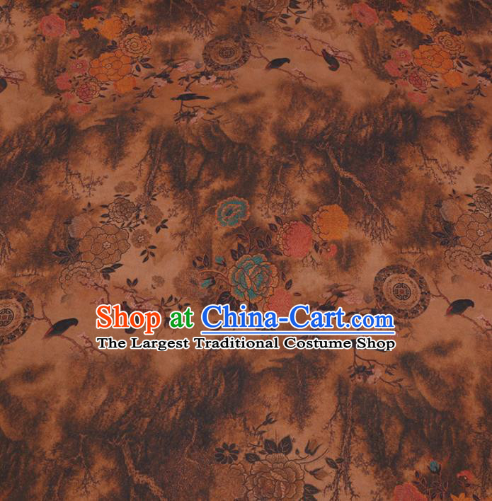 Chinese Classical Printing Peony Pattern Design Ginger Gambiered Guangdong Gauze Fabric Asian Traditional Cheongsam Silk Material