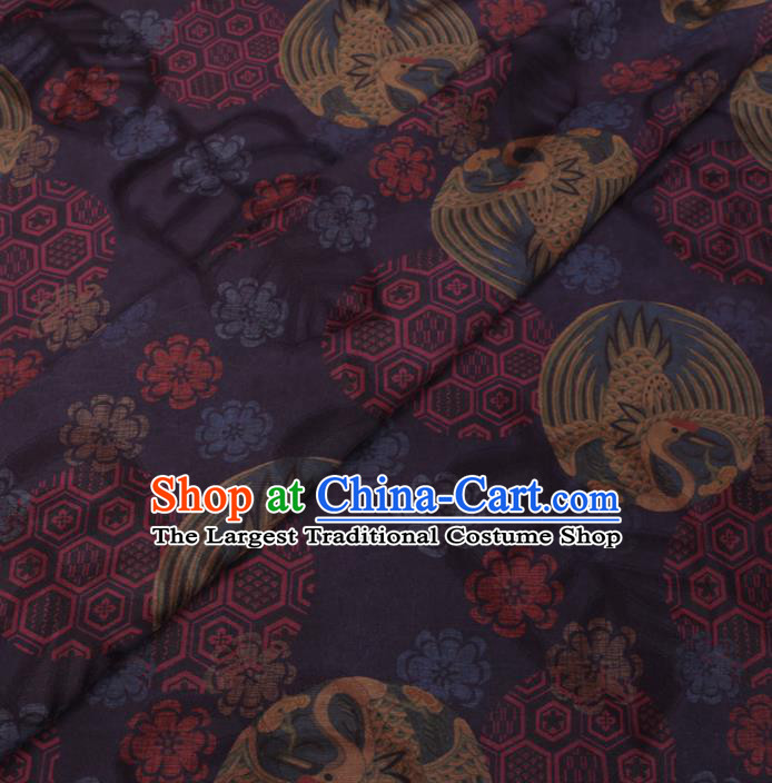 Chinese Classical Printing Round Crane Pattern Design Navy Gambiered Guangdong Gauze Fabric Asian Traditional Cheongsam Silk Material