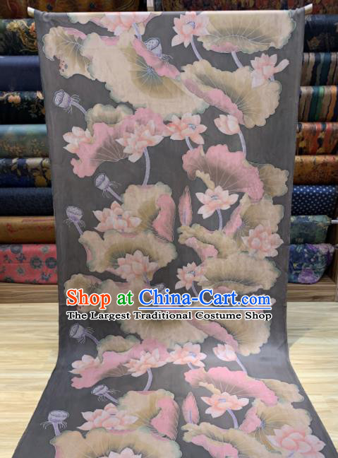 Asian Chinese Traditional Lotus Pattern Design Black Gambiered Guangdong Gauze Fabric Silk Material