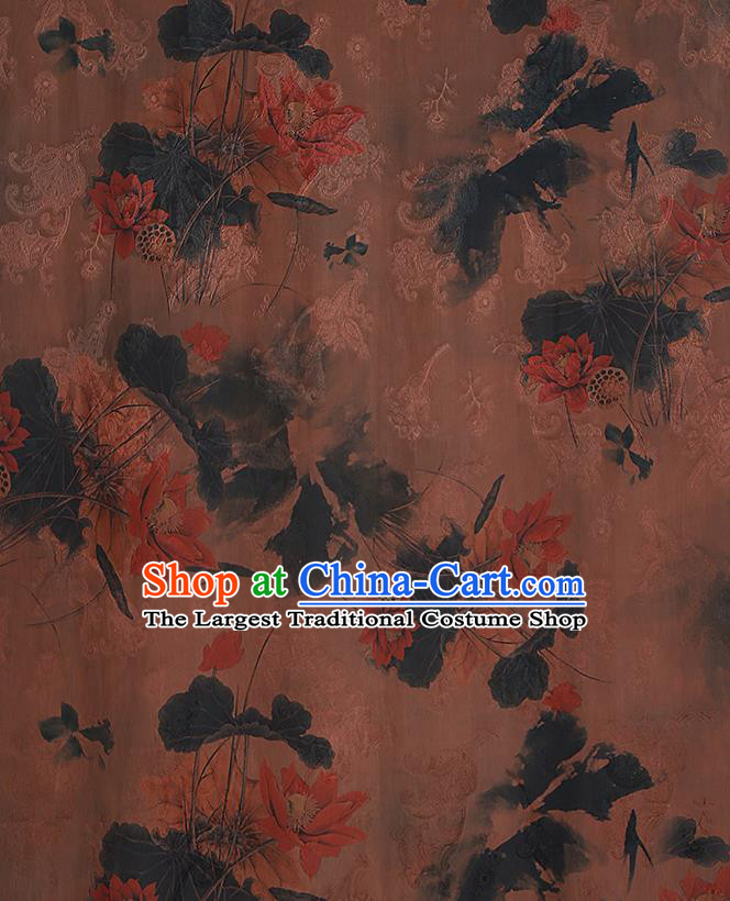 Chinese Classical Printing Lotus Pattern Design Brown Gambiered Guangdong Gauze Fabric Asian Traditional Cheongsam Silk Material