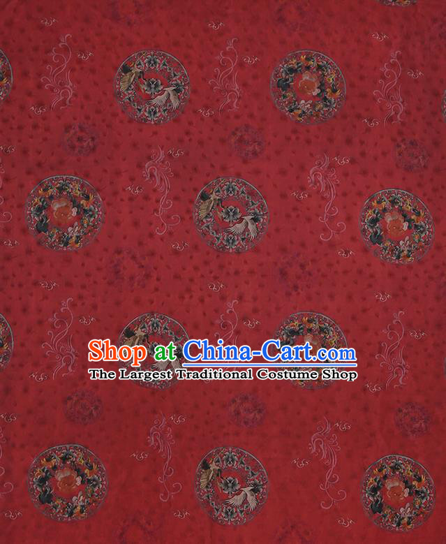 Chinese Classical Printing Crane Peony Pattern Design Red Gambiered Guangdong Gauze Fabric Asian Traditional Cheongsam Silk Material