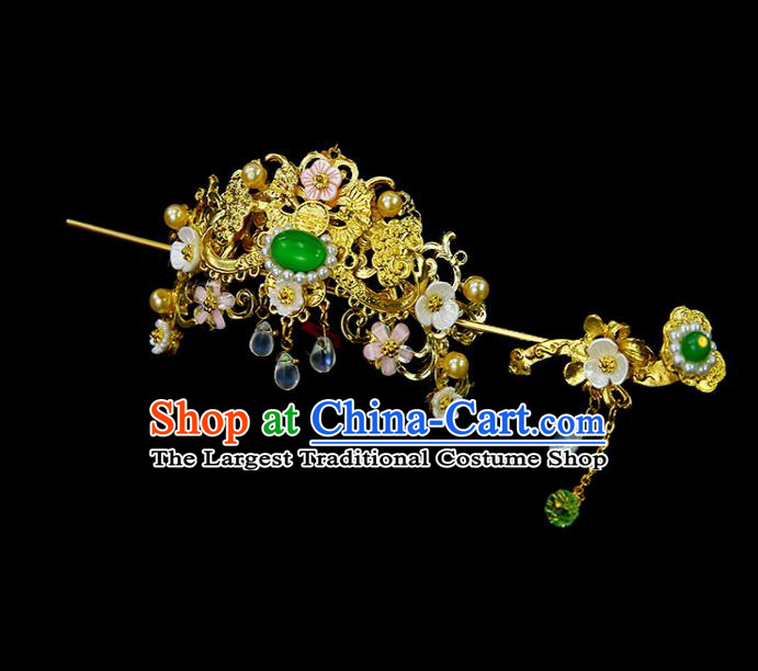 Chinese Ancient Princess Green Glass Hair Crown and Hairpins Traditional Classical Dance Hair Accessories for Women