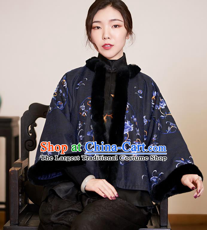 Top Grade Traditional Chinese Embroidered Black Cotton Wadded Jacket Silk Qipao Upper Outer Garment for Women