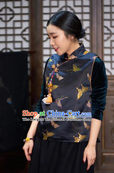 Top Grade Traditional Chinese Embroidered Black Brocade Vest Tang Suit Silk Upper Outer Garment for Women