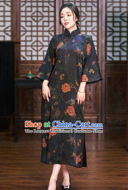 Traditional Chinese Graceful Black Cheongsam Tang Suit Silk Qipao Dress for Women