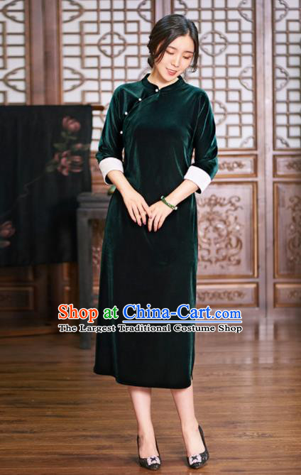 Traditional Chinese National Graceful Green Velvet Cheongsam Tang Suit Qipao Dress for Women