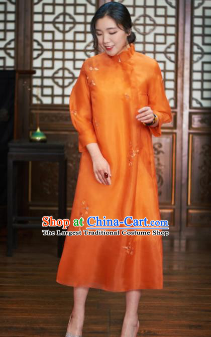 Traditional Chinese National Graceful Embroidered Orange Silk Cheongsam Tang Suit Qipao Dress for Women