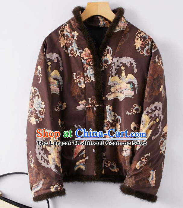 Top Grade Traditional Chinese Brown Cotton Wadded Jacket Tang Suit Silk Upper Outer Garment for Women