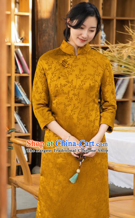 Traditional Chinese National Graceful Silk Cheongsam Tang Suit Golden Qipao Dress for Women