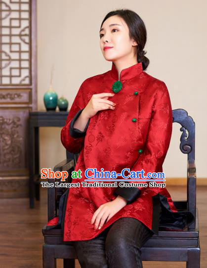 Top Grade Traditional Chinese Embroidered Red Blouse Tang Suit Silk Upper Outer Garment for Women