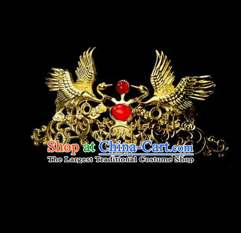 Chinese Ancient Princess Red Glass Golden Crane Hair Crown Traditional Classical Dance Hair Accessories for Women