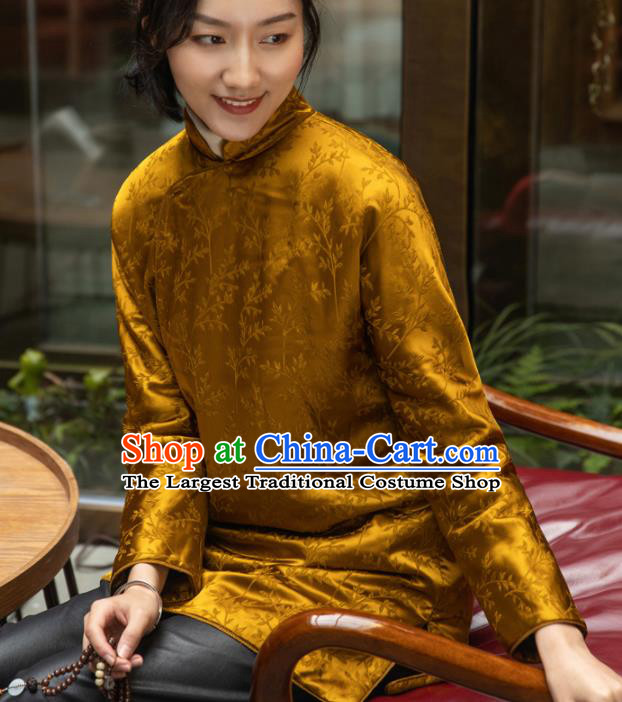 Top Grade Traditional Chinese National Golden Cotton Wadded Coat Tang Suit Silk Upper Outer Garment for Women