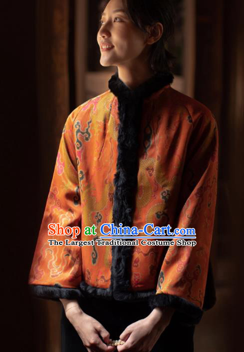 Top Grade Traditional Chinese National Orange Silk Cotton Wadded Jacket Tang Suit Upper Outer Garment for Women