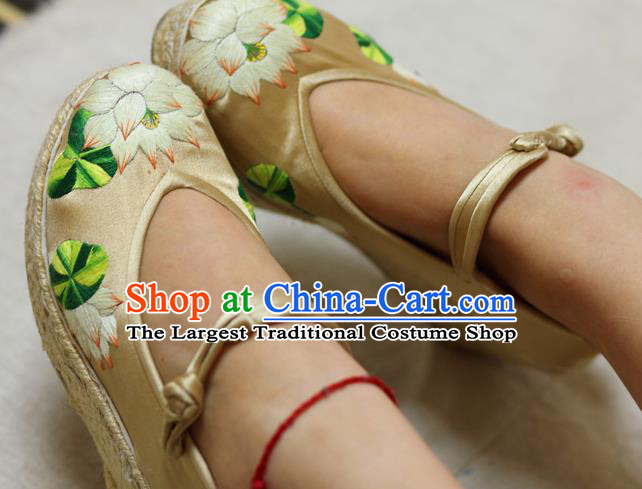 Chinese Traditional Embroidered Lotus Beige Brocade Wedge Heel Shoes Hanfu Shoes for Women