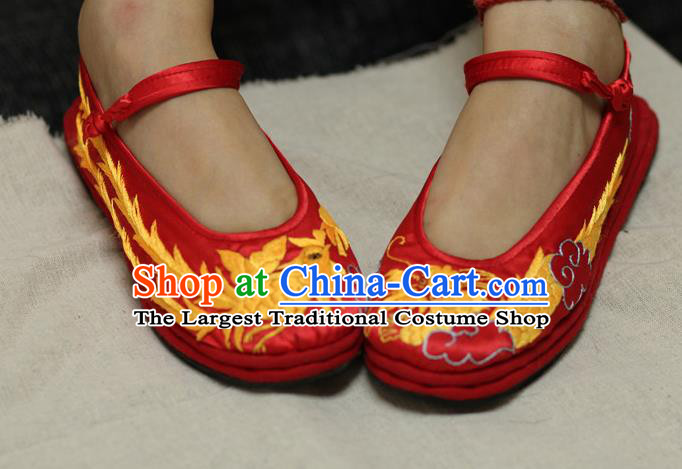 Chinese Traditional Embroidered Dragon Phoenix Red Satin Shoes Hanfu Shoes for Women