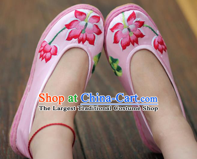 Chinese Handmade Shoes Traditional National Embroidered Lotus Pink Shoes Hanfu Shoes for Women