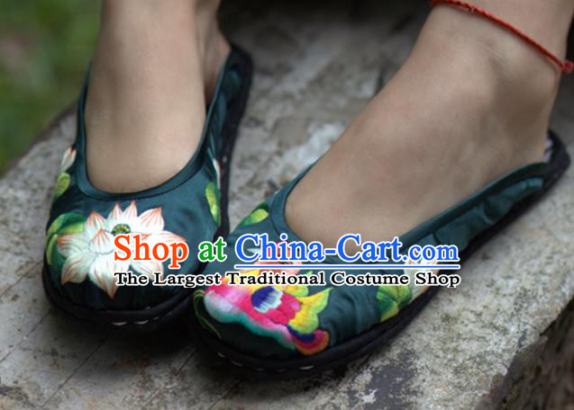 Chinese Traditional National Embroidered Mandarin Duck Lotus Deep Green Slippers Hanfu Shoes for Women