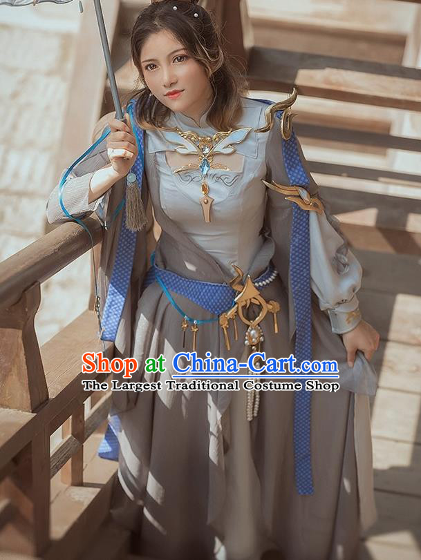 Chinese Cosplay Game Fairy Princess Grey Dress Traditional Ancient Female Swordsman Costume for Women